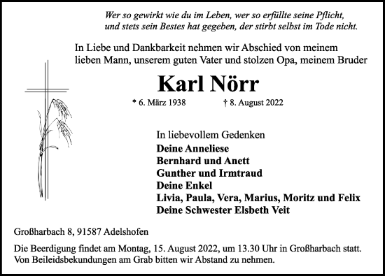 Traueranzeige von Karl Nörr von Rothenburg