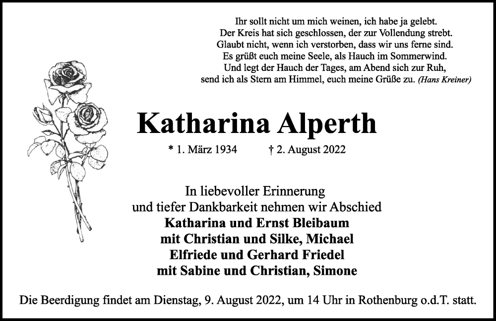  Traueranzeige für Katharina Alperth vom 05.08.2022 aus Rothenburg