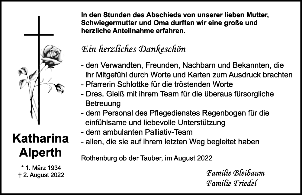  Traueranzeige für Katharina Alperth vom 20.08.2022 aus Rothenburg