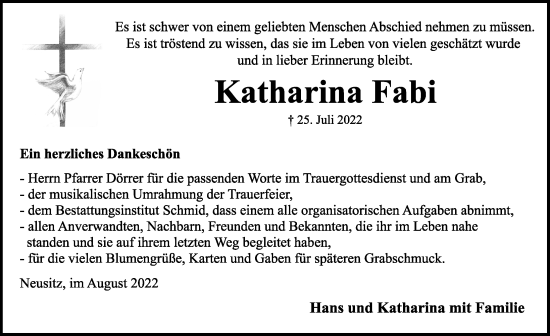 Traueranzeige von Katharina Fabi von Rothenburg