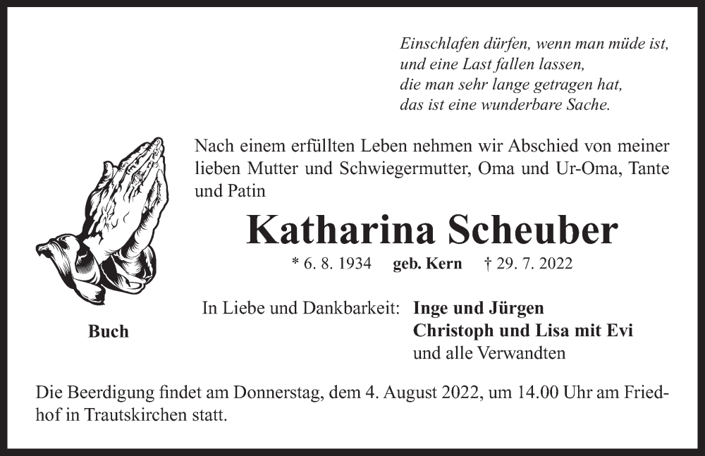  Traueranzeige für Katharina Scheuber vom 02.08.2022 aus Neustadt/ Scheinfeld/ Uffenheim