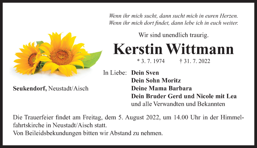  Traueranzeige für Kerstin Wittmann vom 03.08.2022 aus Neustadt/ Scheinfeld/ Uffenheim