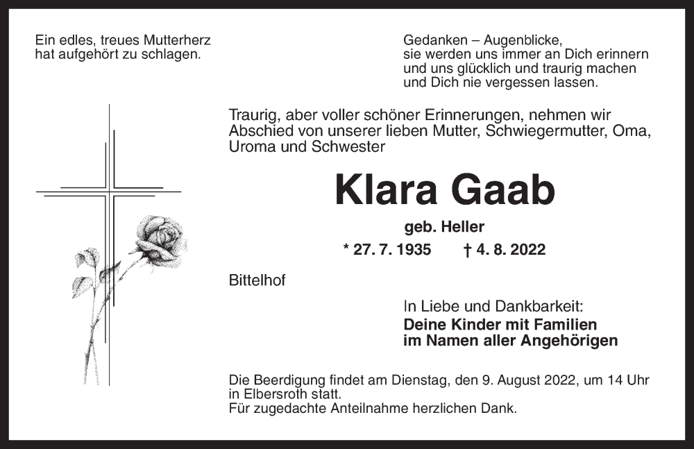  Traueranzeige für Klara Gaab vom 06.08.2022 aus Ansbach
