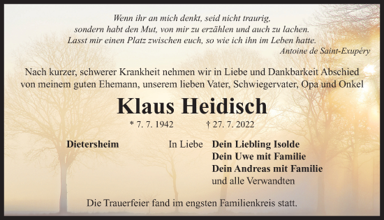 Traueranzeige von Klaus Heidisch von Neustadt/ Scheinfeld/ Uffenheim