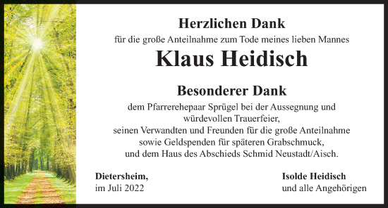 Traueranzeige von Klaus Heidisch von Neustadt/ Scheinfeld/ Uffenheim