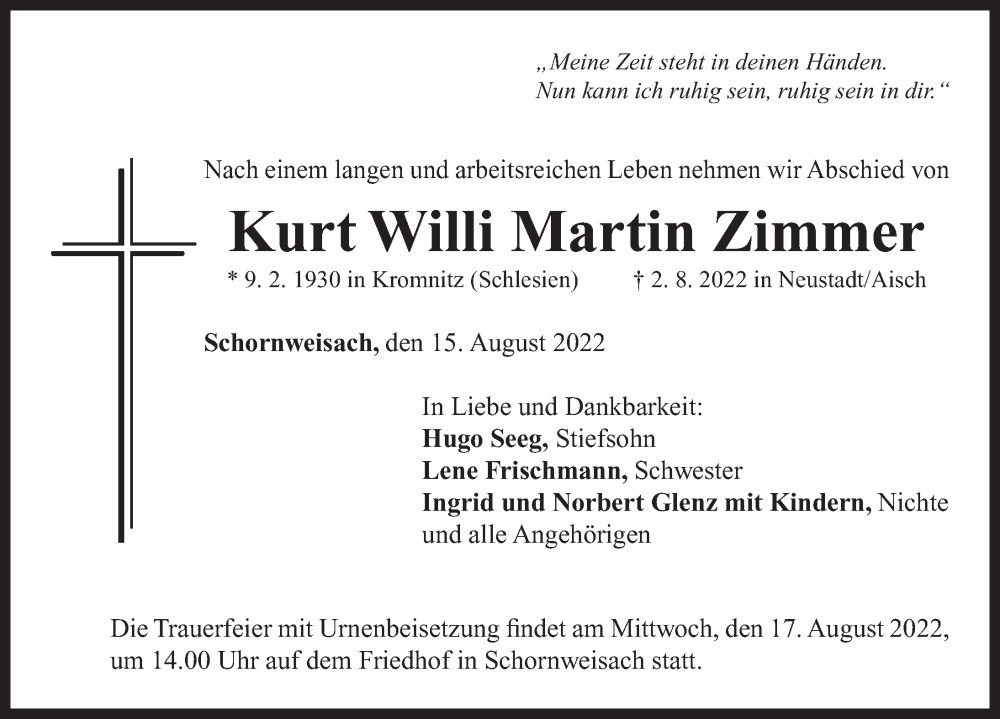  Traueranzeige für Kurt Willi Martin Zimmer vom 15.08.2022 aus Neustadt/ Scheinfeld/ Uffenheim