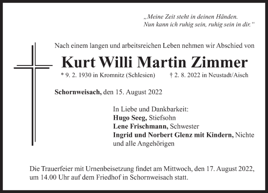 Traueranzeige von Kurt Willi Martin Zimmer von Neustadt/ Scheinfeld/ Uffenheim