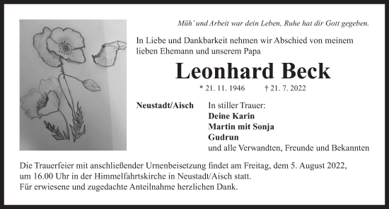 Traueranzeige von Leonhard Beck von Neustadt/ Scheinfeld/ Uffenheim