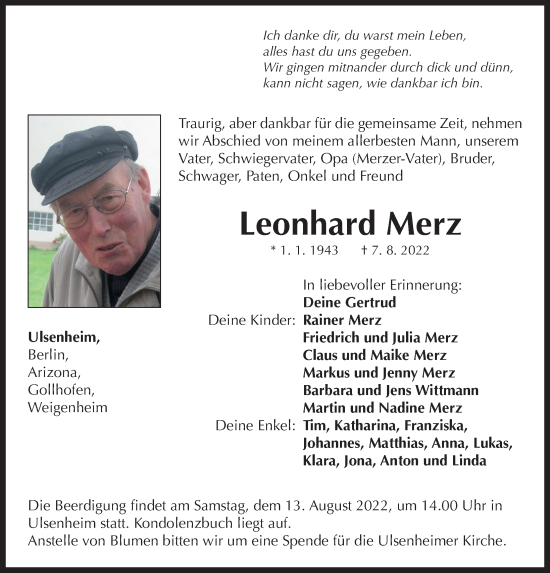 Traueranzeige von Leonhard Merz von Neustadt/ Scheinfeld/ Uffenheim