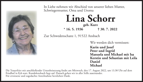 Traueranzeige von Lina Schorr von Ansbach