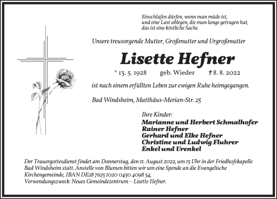 Traueranzeige von Lisette Hefner von Neustadt/ Scheinfeld/ Uffenheim