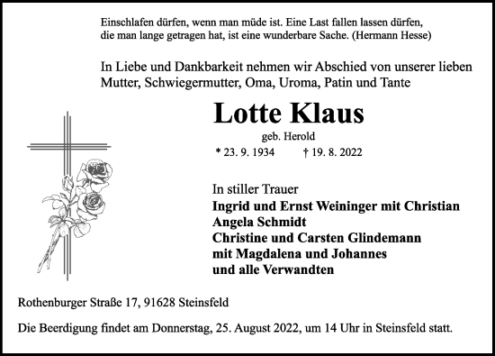 Traueranzeige von Lotte Klaus von Rothenburg