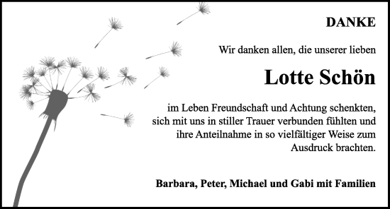 Traueranzeige von Lotte Schön von Rothenburg