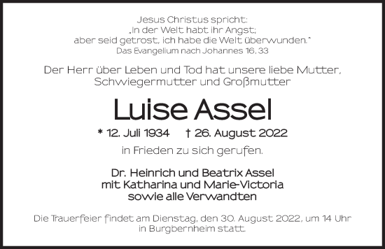 Traueranzeige von Luise Assel von Neustadt/ Scheinfeld/ Uffenheim