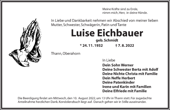 Traueranzeige von Luise Eichbauer von Ansbach