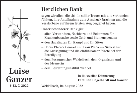 Traueranzeige von Luise Ganzer von Dinkelsbühl/ Feuchtwangen