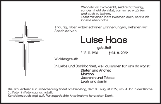 Traueranzeige von Luise Haas von Ansbach