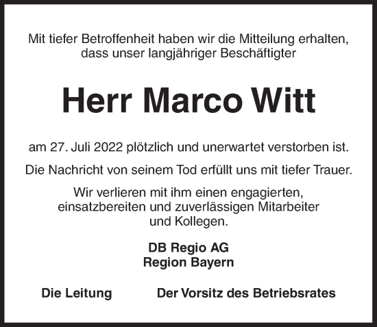 Traueranzeige von Marco Witt von Ansbach