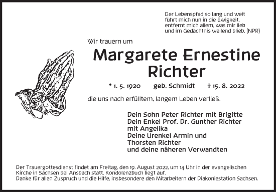 Traueranzeige von Margarete Ernestine Richter von Ansbach