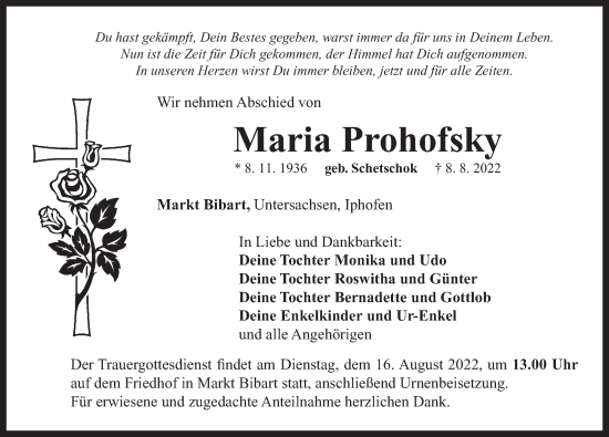 Traueranzeige von Maria Prohofsky von Neustadt/ Scheinfeld/ Uffenheim