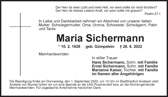 Traueranzeige von Maria Sichermann von Ansbach