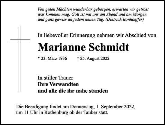 Traueranzeige von Marianne Schmidt von Rothenburg