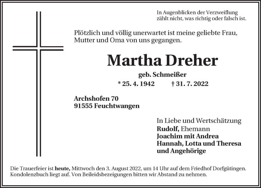  Traueranzeige für Martha Dreher vom 03.08.2022 aus Dinkelsbühl/ Feuchtwangen