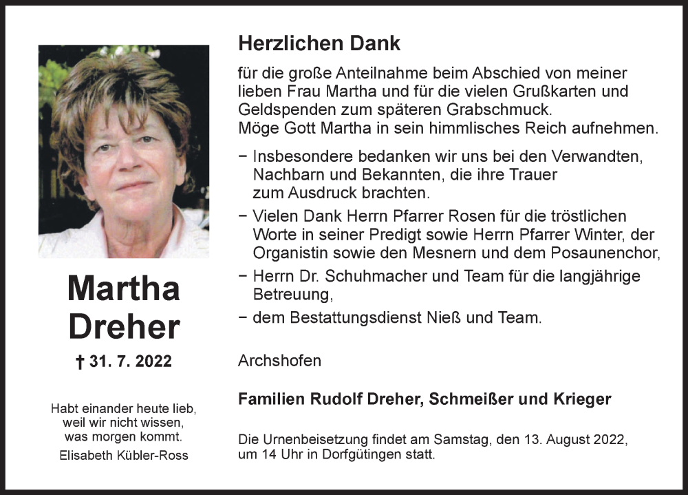  Traueranzeige für Martha Dreher vom 12.08.2022 aus Dinkelsbühl/ Feuchtwangen