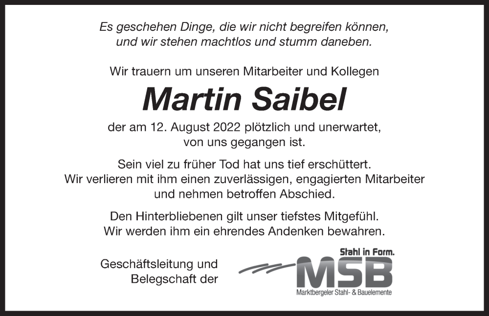  Traueranzeige für Martin Saibel vom 18.08.2022 aus Neustadt/ Scheinfeld/ Uffenheim