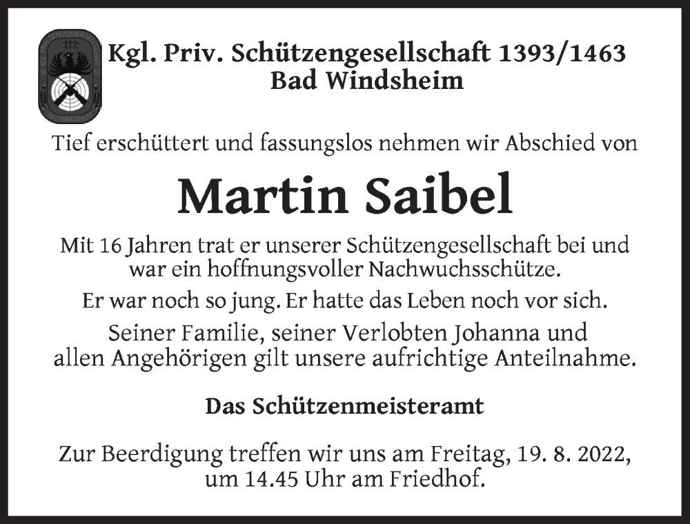  Traueranzeige für Martin Saibel vom 18.08.2022 aus Neustadt/ Scheinfeld/ Uffenheim