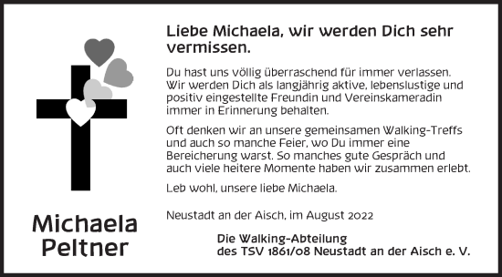 Traueranzeige von Michaela Peltner von Neustadt/ Scheinfeld/ Uffenheim