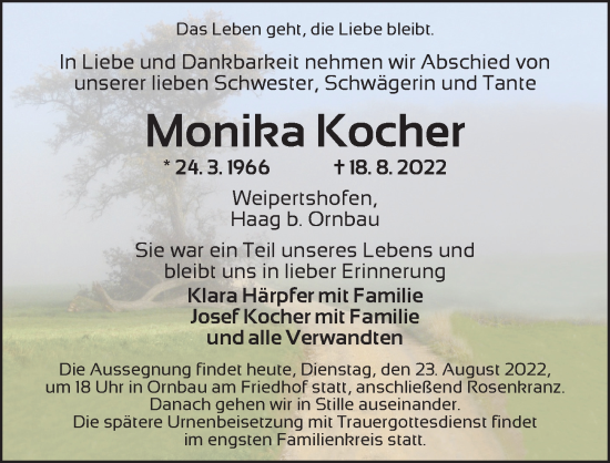 Traueranzeige von Monika Kocher von Ansbach