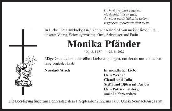 Traueranzeige von Monika Pfänder von Neustadt/ Scheinfeld/ Uffenheim