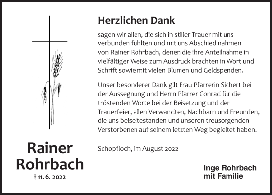 Traueranzeige von Rainer Rohrbach von Dinkelsbühl/ Feuchtwangen