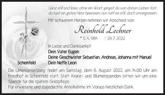 Traueranzeige von Reinhold Lechner von Neustadt/ Scheinfeld/ Uffenheim