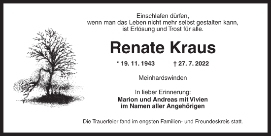 Traueranzeige von Renate Kraus von Ansbach