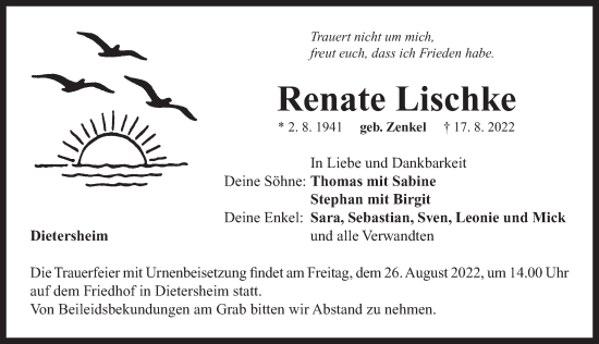 Traueranzeige von Renate Lischke von Neustadt/ Scheinfeld/ Uffenheim