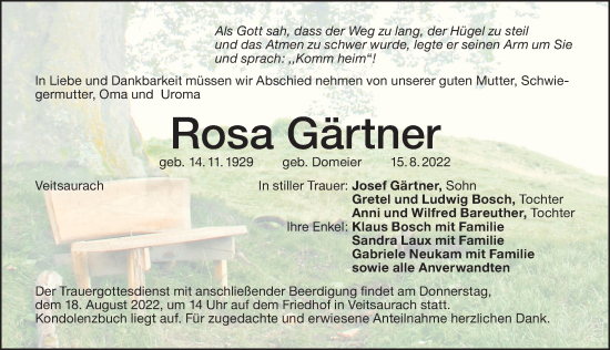 Traueranzeige von Rosa Gärtner von Ansbach