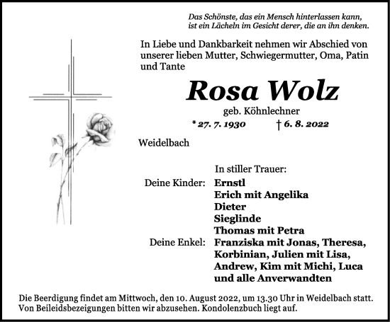 Traueranzeige von Rosa Wolz von Dinkelsbühl/ Feuchtwangen