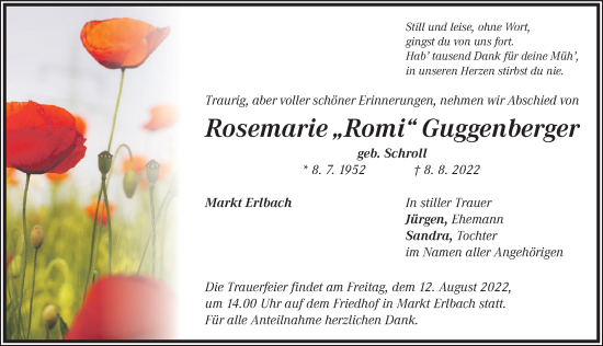Traueranzeige von Rosemarie Guggenberger von Neustadt/ Scheinfeld/ Uffenheim