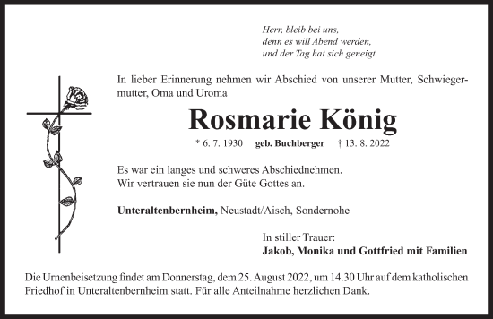 Traueranzeige von Rosmarie König von Neustadt/ Scheinfeld/ Uffenheim