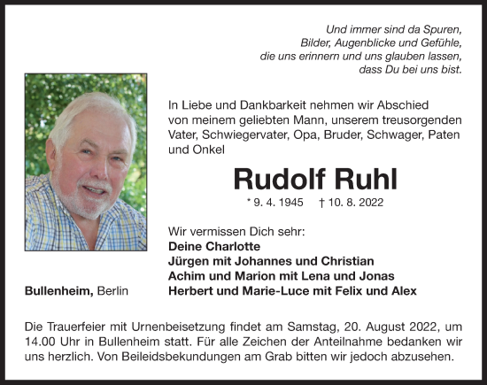 Traueranzeige von Rudolf Ruhl von Neustadt/ Scheinfeld/ Uffenheim