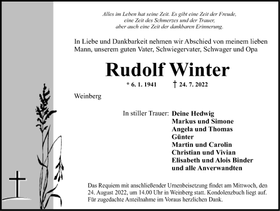 Traueranzeige von Rudolf Winter von Dinkelsbühl/ Feuchtwangen