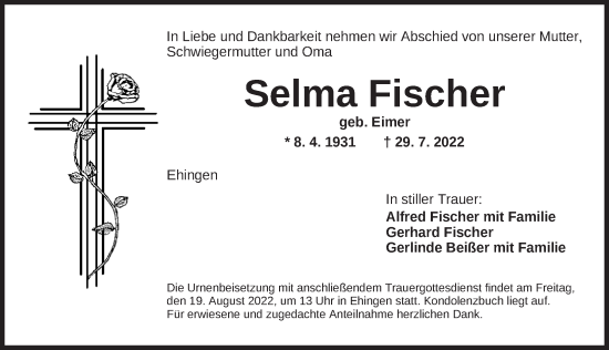Traueranzeige von Selma Fischer von Dinkelsbühl/ Feuchtwangen