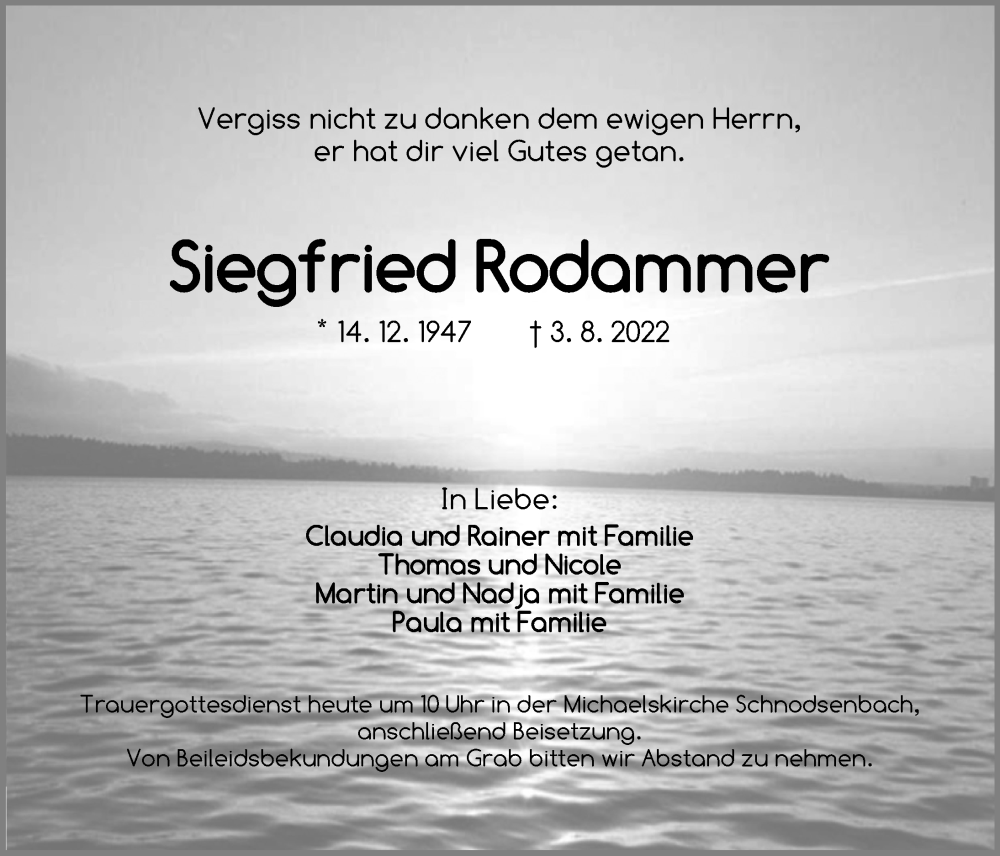  Traueranzeige für Siegfried Rodammer vom 06.08.2022 aus Neustadt/ Scheinfeld/ Uffenheim