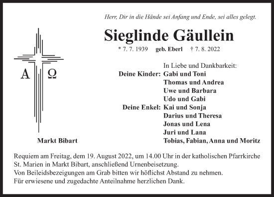 Traueranzeige von Sieglinde Gäullein von Neustadt/ Scheinfeld/ Uffenheim