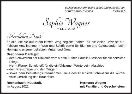 Traueranzeige von Sophie Wagner von Neustadt/ Scheinfeld/ Uffenheim