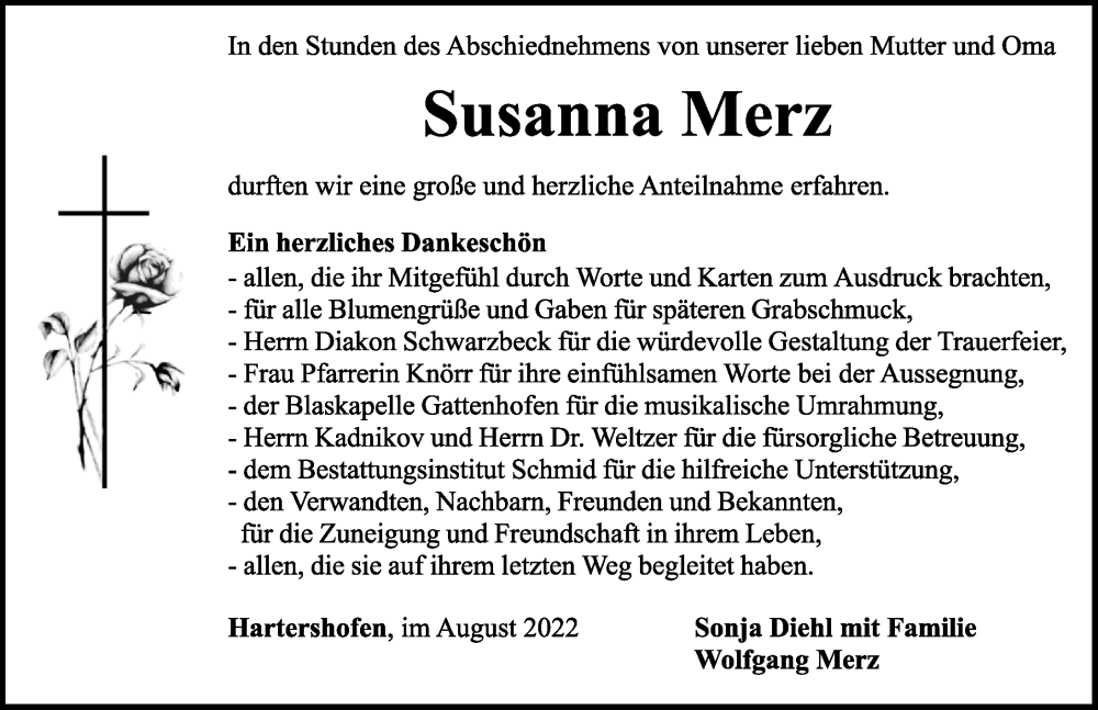  Traueranzeige für Susanna Merz vom 13.08.2022 aus Rothenburg