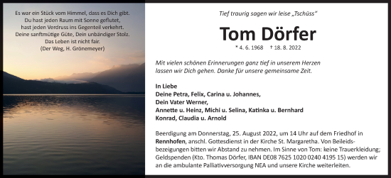 Traueranzeige von Tom Dörfer von Neustadt/ Scheinfeld/ Uffenheim