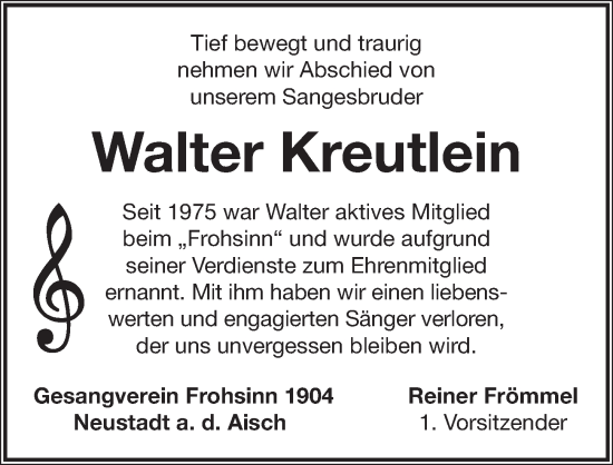 Traueranzeige von Walter Kreutlein von Neustadt/ Scheinfeld/ Uffenheim